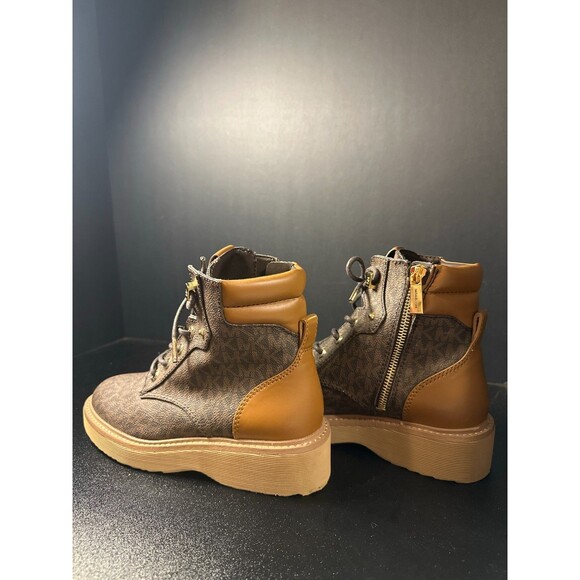 Michael Kors MK Monogram Combat Boots Brown Lace-Up Ankle Booties 6.5M - Picture 5 of 10